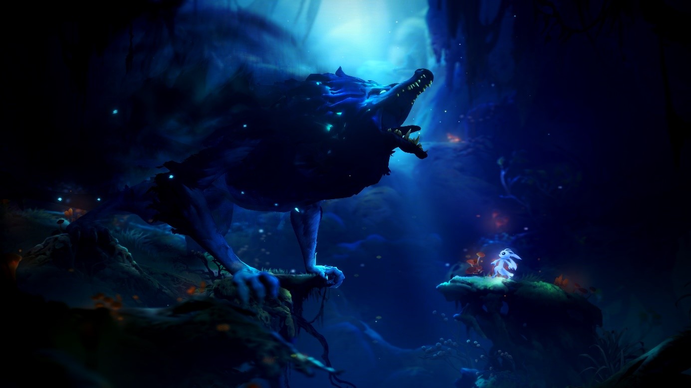 Howl lunging toward Ori in a dark blue forest boss encounter