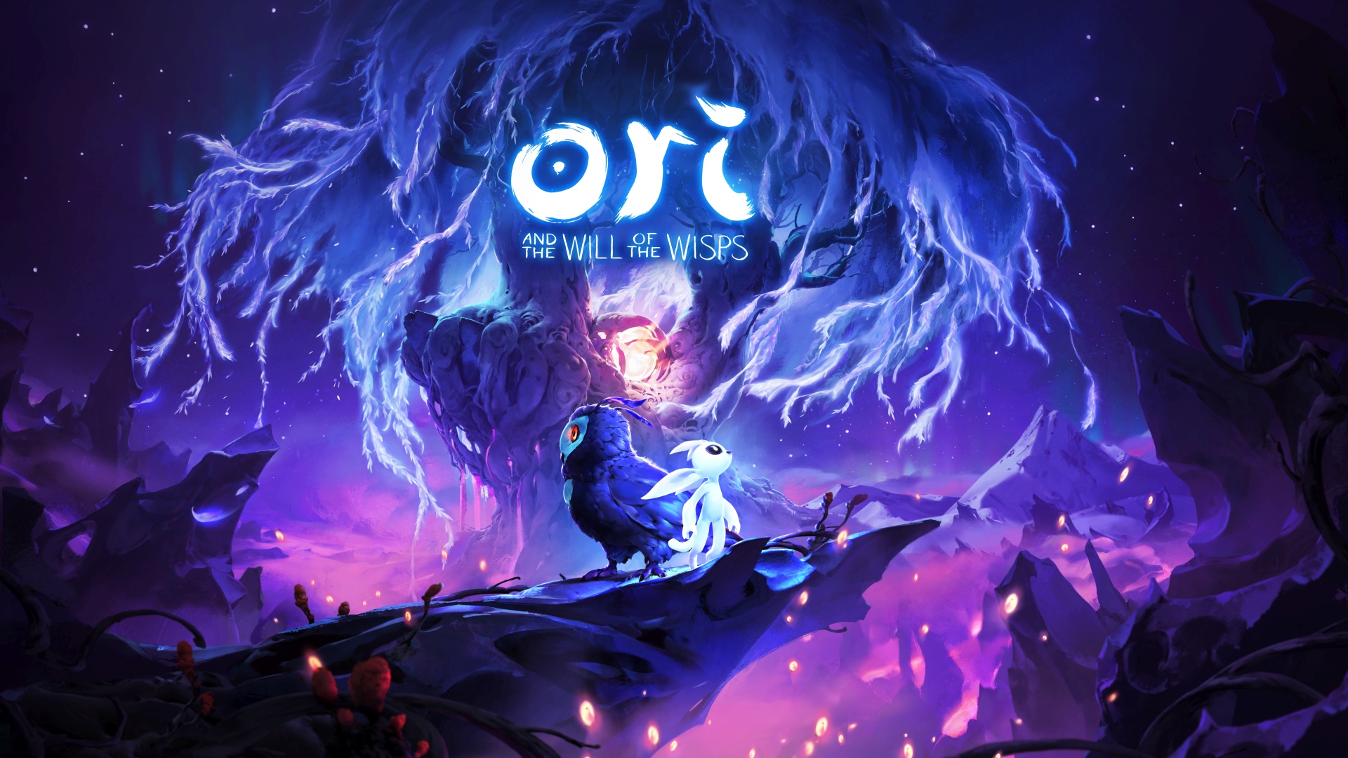Ori and the owl Ku perched on a branch before a giant luminous owl in the official key art of Ori and the Will of the Wisps