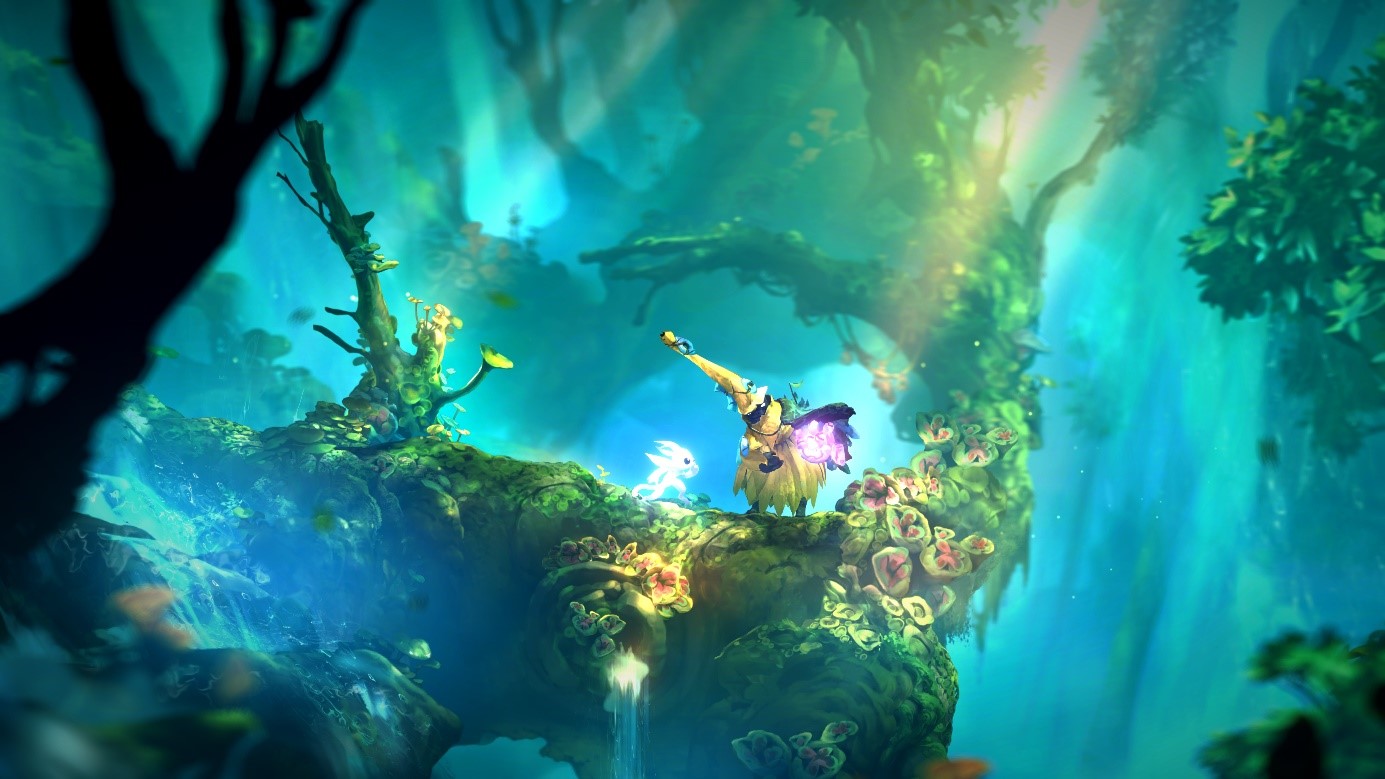 Ori meeting a Moki character on a mossy branch in a sunlit green forest