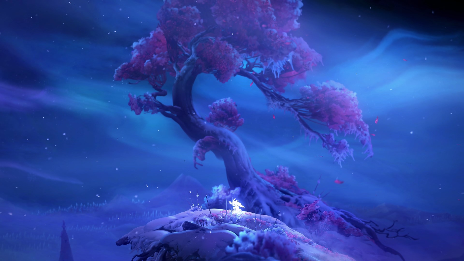 Ori and the owl Ku perched on a branch before a giant luminous owl in the official key art of Ori and the Will of the Wisps